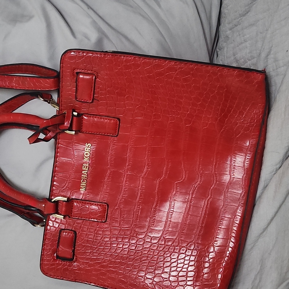 Michael Kors Red Dillon Croc Embossed Leather Medium Satchel